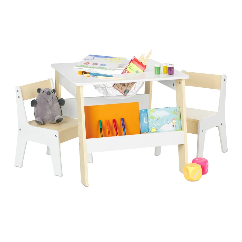 Relaxdays Children's Table and 2 Chairs, Kids' Furniture Combination, for Boys and Girls, 51 x 55 x 69 cm, Beige/White, Fibreboard