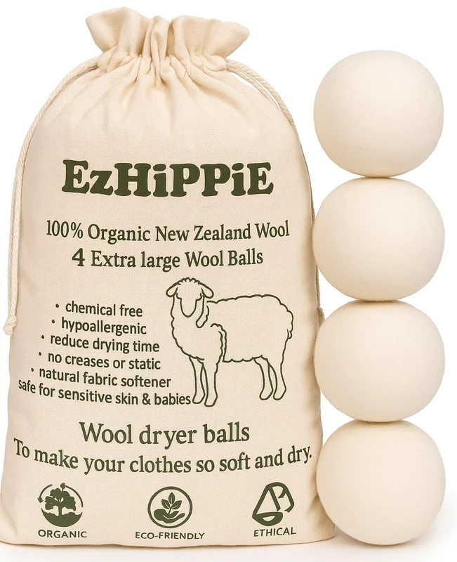 Ezhippie Quality Wool Dryer Balls - 4 XL Pack - 1000+ Loads - Pure Organic Wool - Reusable Natural Fabric Softener Perfect with Essential Oils, Reduce Clothing Static and Wrinkles