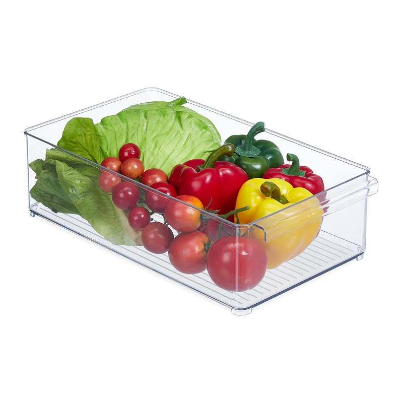 Relaxdays Fridge Container for Groceries, Easy-Care, with Handles, Plastic, HxWxD: 10 x 20.5 x 36.5 cm, Transparent