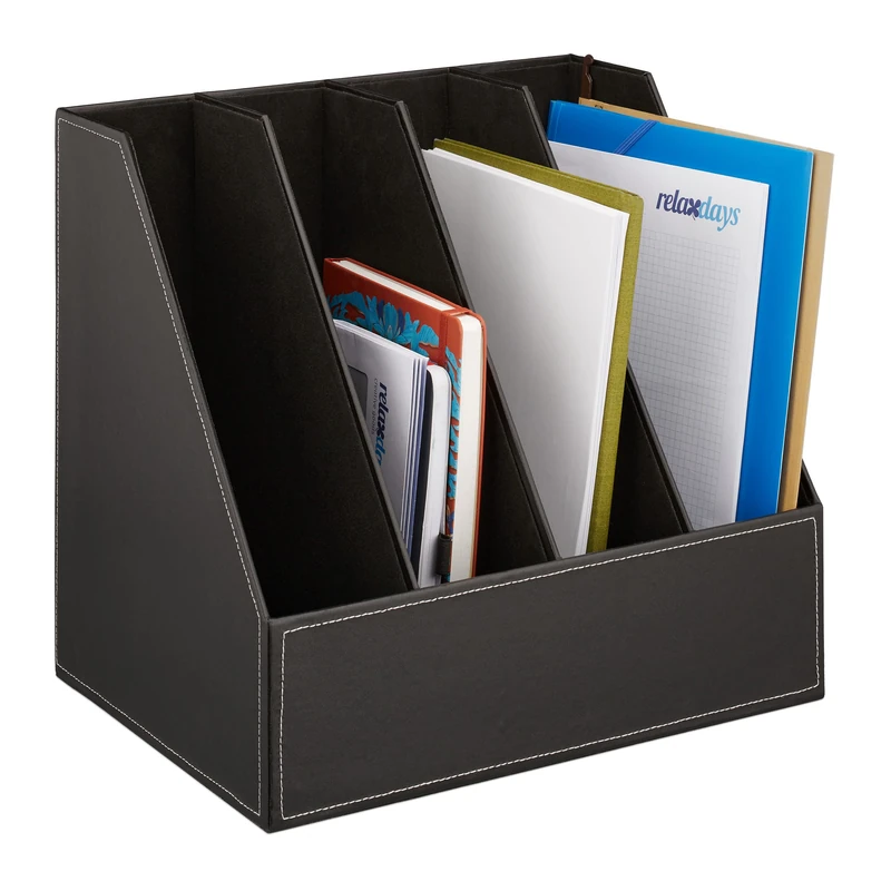 Relaxdays Filing Cabinet, Artificial Leather, 4 Compartments, DIN A4-C4, Sturdy Organiser, HWD: 35 x 36 x 26.5 cm, Black