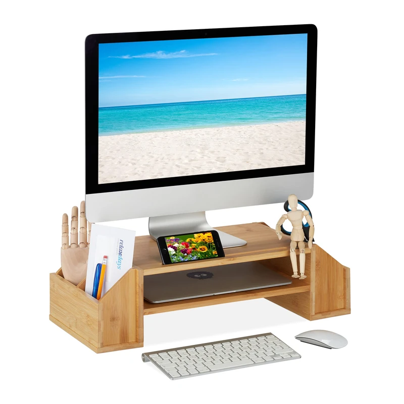 Relaxdays Bamboo Monitor Stand, 4 Shelves, Screen Raiser Desk, HWD: 16 x 57.5 x 25 cm, Work Base, Natural, 16x57x25cm