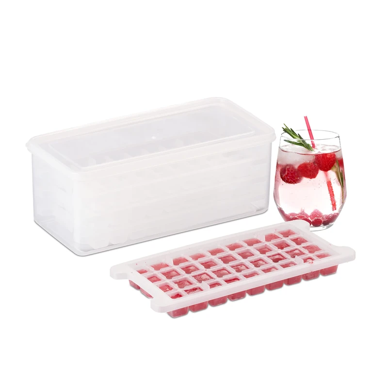 Relaxdays Ice Forms Set with Box and Lid, 4 Trays 144 Cubes Total, Easy-Care, Plastic, 11 x 28 x 13.5 cm, Transparent, 100%