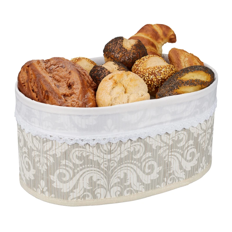 Relaxdays Bread Basket, Floral Print Design, Bamboo, Removable Fabric Insert, H x W x D: 16 x 34 x 24 cm, Grey/White