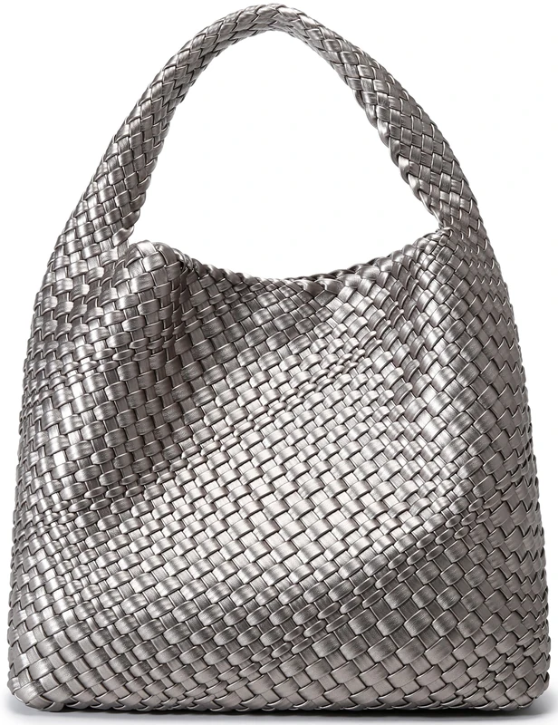 Fashion Woven Purse for Women Top-handle Shoulder Bag Soft Summer Hobo Tote Bag, Silver