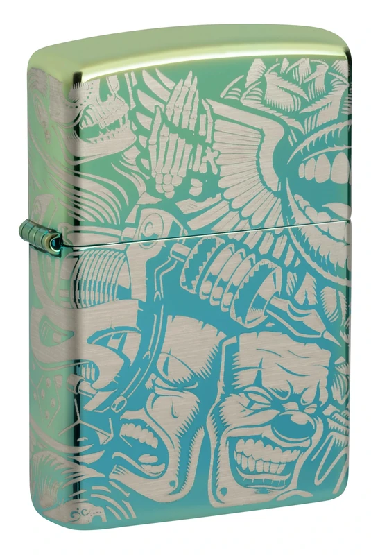 Zippo Windproof Lighter, Tattoo Theme Design – High Polished Teal, Laser 360 – Refillable, Reusable, Windproof Design – Comes in Gift Box – Made in USA