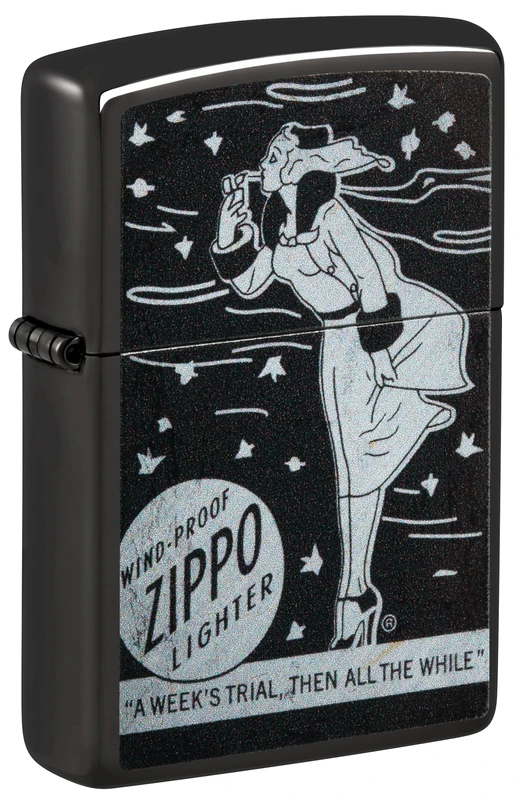 Zippo Windproof Lighter, Vintage Windy Logo Design – High Polished Black, Colour Image – Refillable, Reusable, Windproof Design – Comes in Gift Box – Made in USA