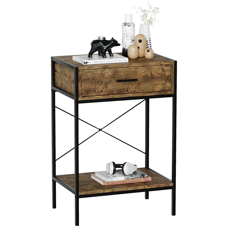Vida Designs Brooklyn Console Table Hallway Living Room Rustic Shelf Industrial Storage Furniture (Dark Wood, 1 Drawer)