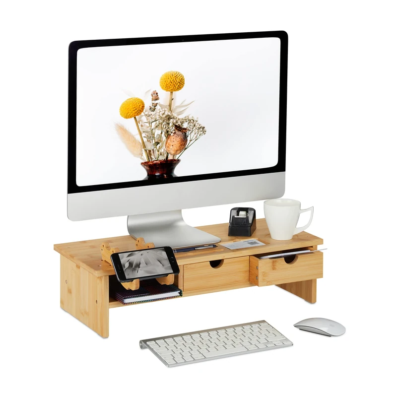 Relaxdays Bamboo Monitor Stand, 4 Shelves, Screen Raiser Desk, HWD: 16 x 57.5 x 25 cm, Work Base, Natural, 17.5x54x31.5cm