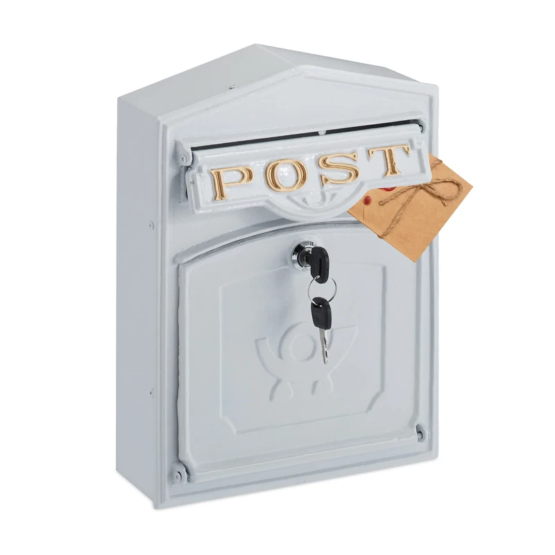 Relaxdays Letter Box in Retro Look, Gold-Coloured Lettering, Nostalgic Design, Wall-Mounted Mailbox, 31.5x23x9 cm. White