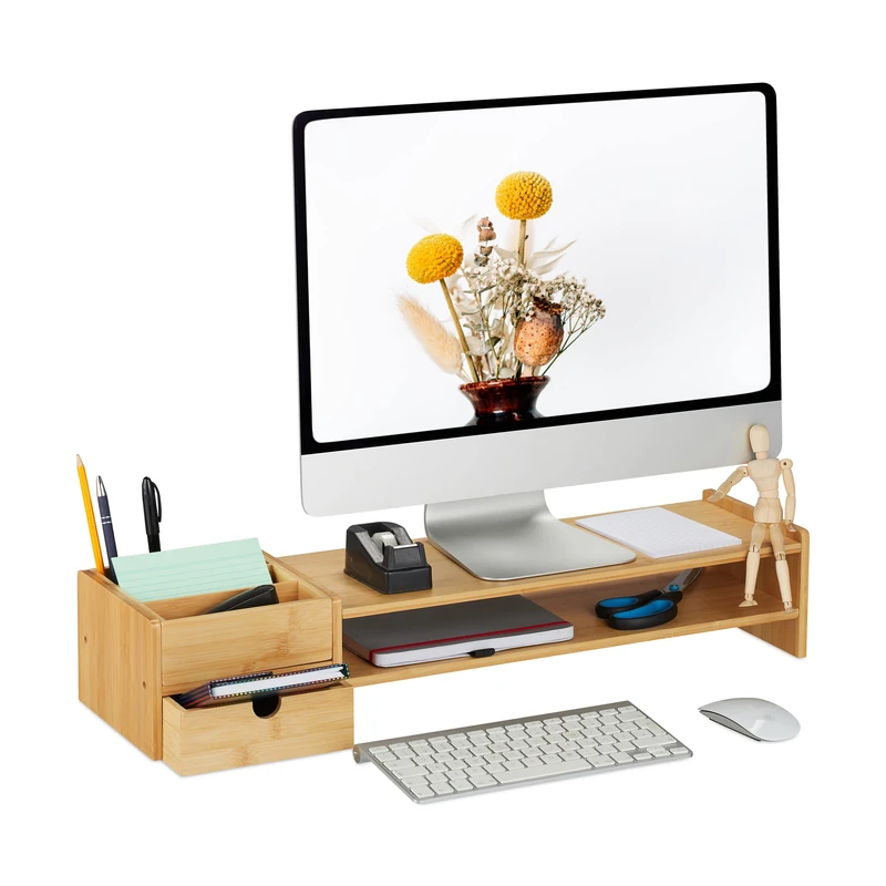 Relaxdays Bamboo Monitor Stand, 5 Compartments, Screen Raiser Desk, HWD: 16 x 57.5 x 25 cm, Work Base, Natural