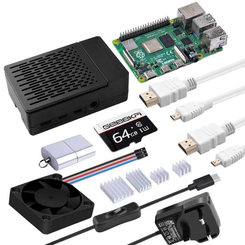 GeeekPi Starter Kit for Raspberry Pi 4 4GB, Include Pi 4 4GB RAM Board, 64GB SD Card and Card Reader, ABS Case with PWM Fan, 5V 3.6A Power Supply with ON/Off Switch, 2pcs 4K HDMI Cables