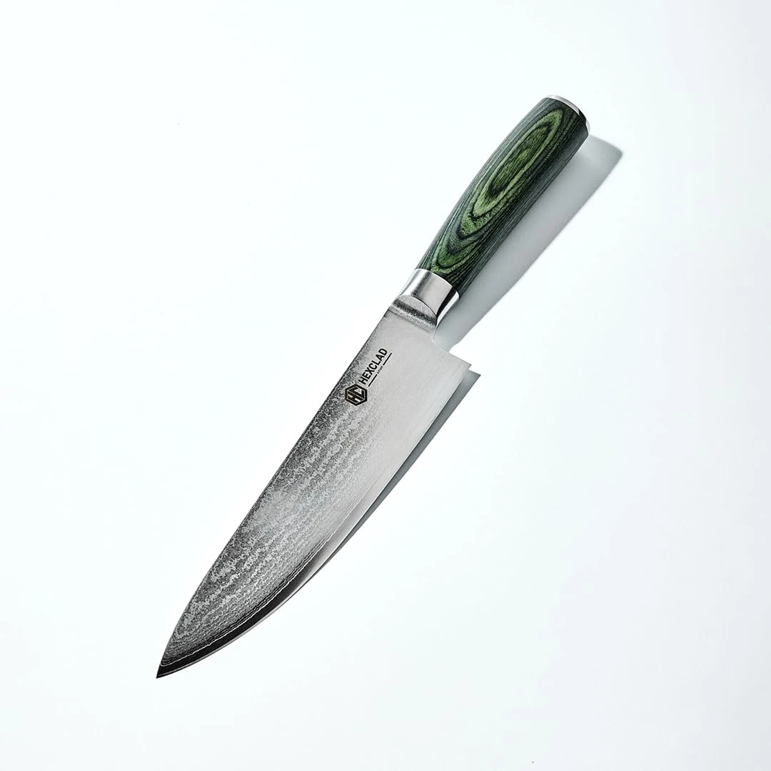 HexClad Chef's Knife, 20 cm Japanese Damascus Stainless Steel Blade, Full Tang Construction, Pakkawood Handle