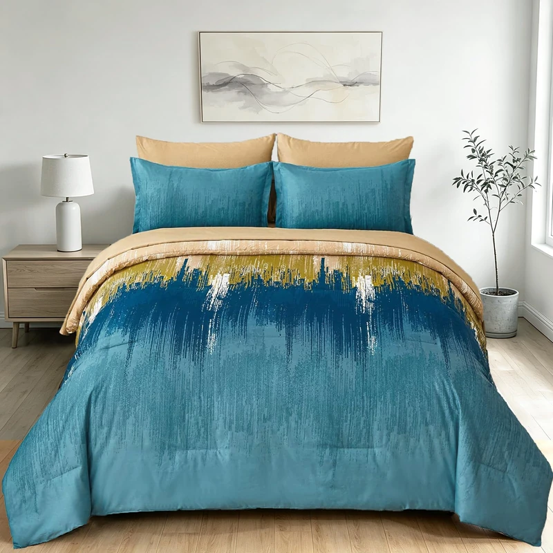 WONGS BEDDING Teal Comforter Set Queen,7 Pieces Bed in a Bag Colorful Abstract Art Gradient Comforter Soft Microfiber Bedding Set with Comforter, Flat Sheet, Fitted Sheet, Pillow Shams,Pillowcases