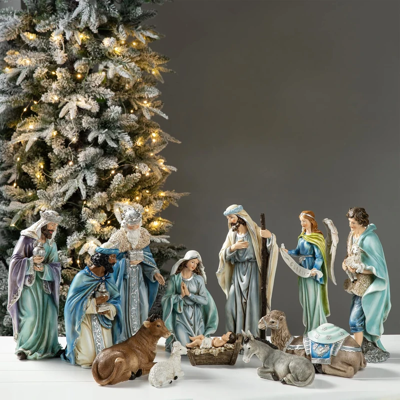 Glitzhome 12Pcs Deluxe Blue Resin Nativity Figurines Set Christmas Ornaments Xmas Tabletop Scenes Figures Set Collectibles Countertop Statue Miniatures Decorative Crafts Accessories 15.5" x 45.00"