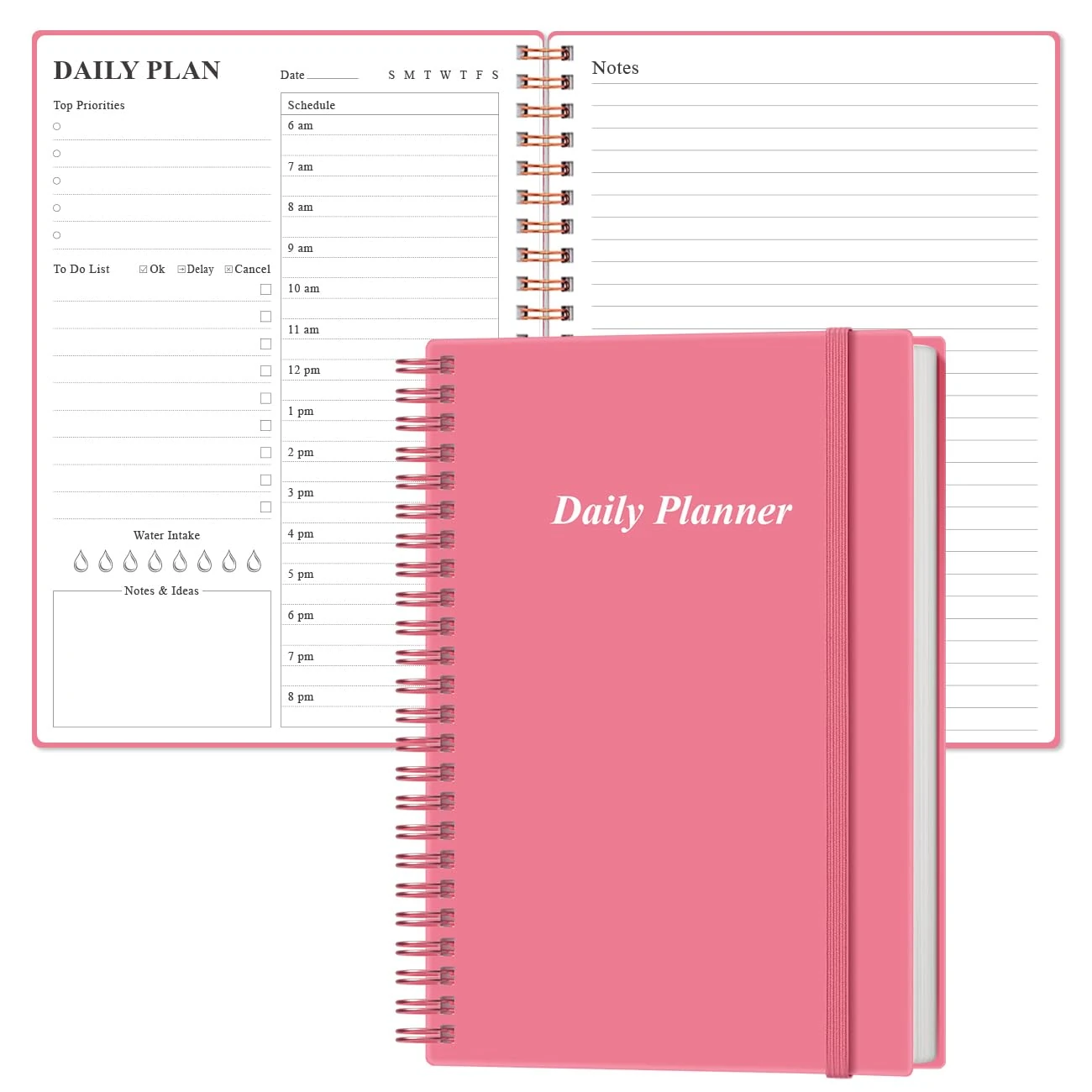 Daily Planner Undated - A5 To Do List Notebook Hourly Schedules, Spiral Appointment Planner for Women and Men, PVC Hardcover, Inner Pocket, Elastic Closure, 5.8" x 8.5", Pink
