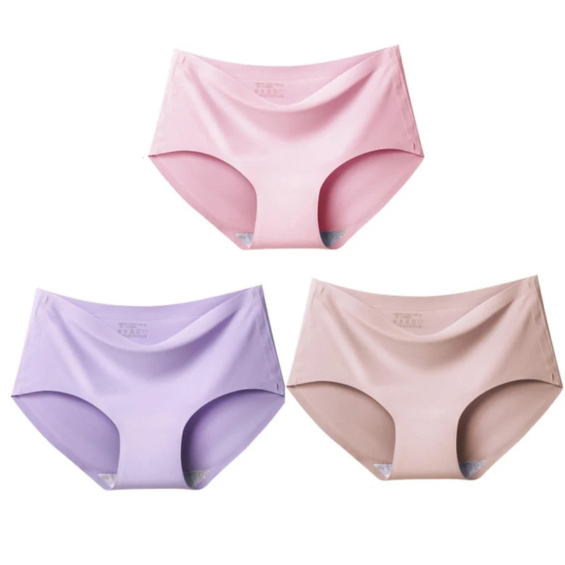 SUYGGCK Underwear Women Women Seamless Panties Silk Mid Waist Underwear For Female 3Pcs Large Size Women Panties Set Underpant Lingerie-Pink Violet Coffee,L - Image 1