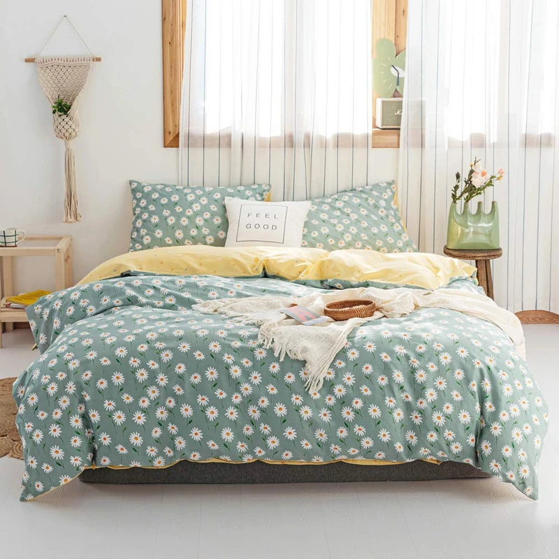 AMWAN Daisy Green Floral Duvet Cover Twin Cotton Girl Bedding Set - White Flower Print Comforter Cover With 2 Pillowcases - Garden Style Aesthetic Bedroom Collection