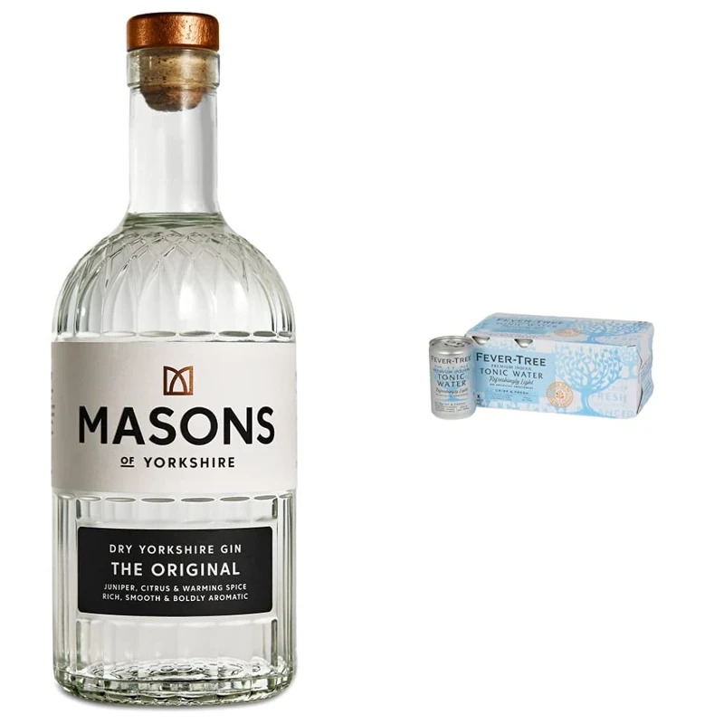 Masons of Yorkshire Original Gin, 42% Alcohol – 70cl Bottle & Fever-Tree Refreshingly Light Indian Tonic Water 8 x 150ml (Pack of 3, Total 24 cans)