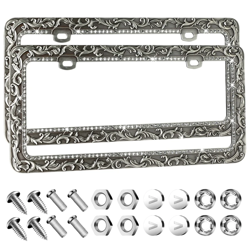 Valor Metal Car License Plate Frames,Antique Old Pattern Printing, Bling Crystal Rhinestones Inlaid,Universal 2 Holes Automotive Replacement Parts Plate Holder(2 Pack)