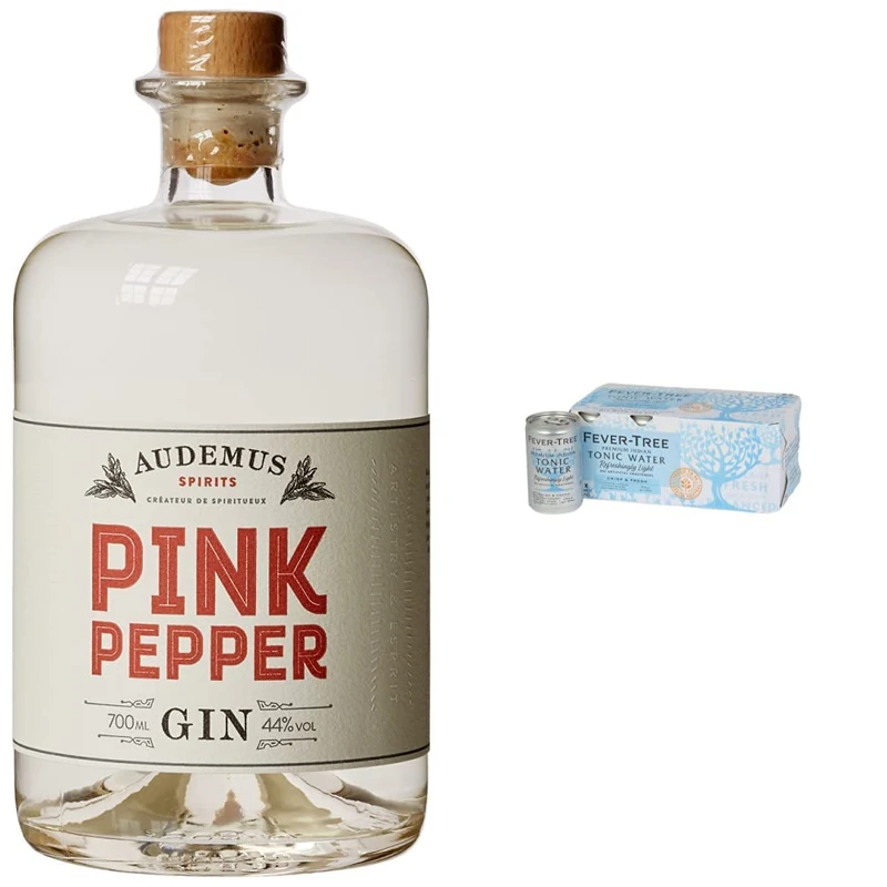 Audemus Pink Pepper Gin- Small Batch, Premium Gin, a G&T or Sipped Neat- 700 ml & Fever-Tree Refreshingly Light Indian Tonic Water 8 x 150ml (Pack of 3, Total 24 cans)