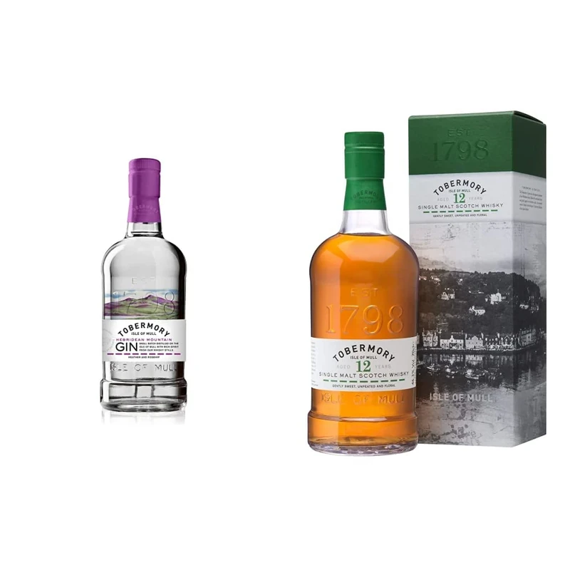Tobermory Hebridean Mountain Gin, 70cl | Scottish Craft Gin from the Isle of Mull & Tobermory 12 Year Old Single Malt Scotch Whisky, 70cl
