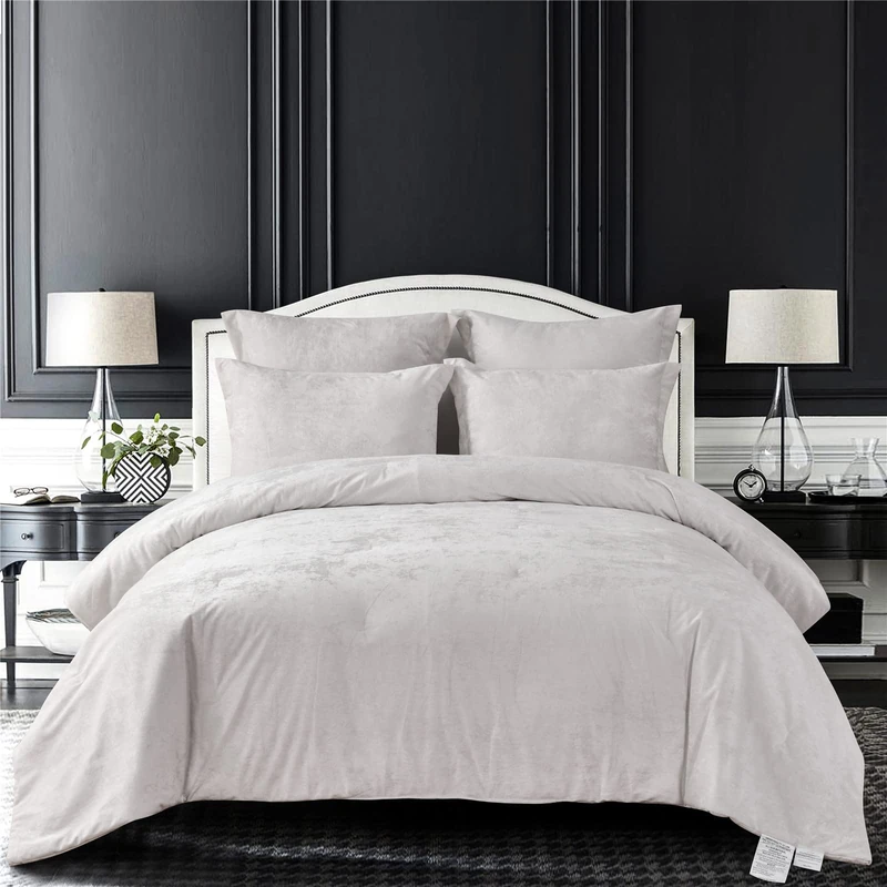 Sunshine Nicole Distressed Velvet Comforter Bedding Set, Distressed Velvet Face and Brushed Solid Microfiber Reverse, with Light Weight Soft Poly Fill, 5 Pieces Light Ivory, Queen