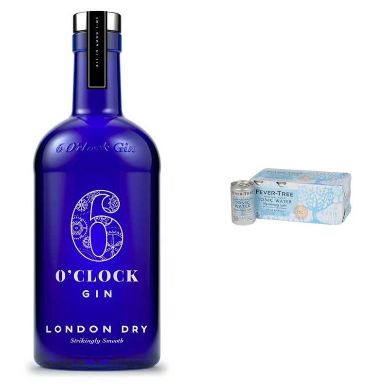 6 O'clock Gin - London Dry Gin - Original, Award-Winning Gin (70cl) & Fever-Tree Refreshingly Light Indian Tonic Water 8 x 150ml (Pack of 3, Total 24 cans)