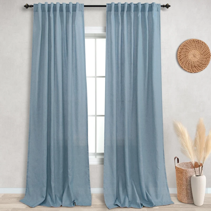 KOUFALL 108 Inches Long Stone Grey Blue Sheer Curtains for Living Room 2 Panels Set Easy Hang Install with Hooks Back Tab Hole Pocket Luxury Linen Drapery