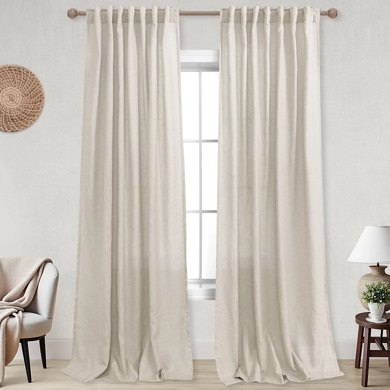 Tan Beige Curtains 108 Inches Long for High Ceiling Living Room 2 Panels Set Flax Linen Back Tab Light Filtering Semi Sheer Window Treatments Drapes for Family Room