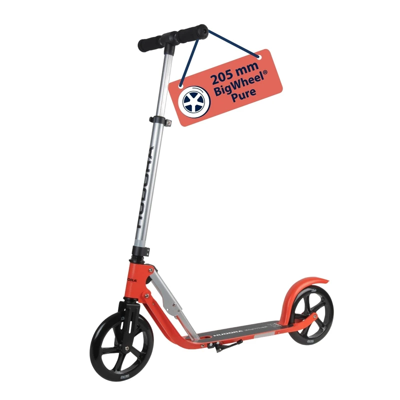 HUDORA BigWheel Pure Scooter - Sturdy aluminium scooter with stand - Adjustable in height & foldable city scooter for up to 100kg - Kick scooter for teenagers and adults - red