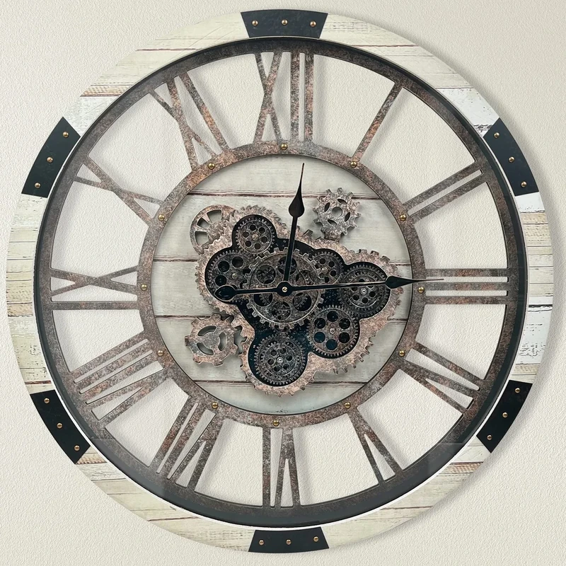 DORBOKER 24" Large Wall Clock with Moving Gears,Oversize Vintage Industrial Rustic Farmhouse Clocks for Living Room Decor Office Home,Solid Wood Retro Metal HD Tempered Glass Cover,Desert Beige