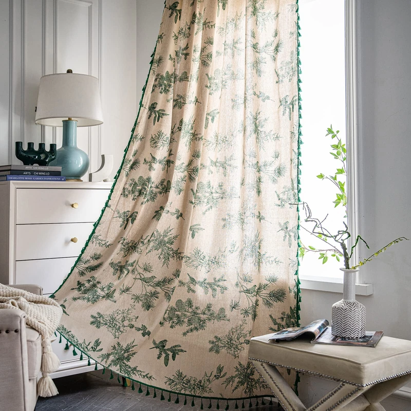 Boho Curtains with Tassel Bohemian Green Semi-Blackout Drapes 84 Inch Length Cotton Linen Farmhouse Window Curtain Panels Floral Pattern Rod Pocket Curtain for Living Room Bedroom, 2 Panel