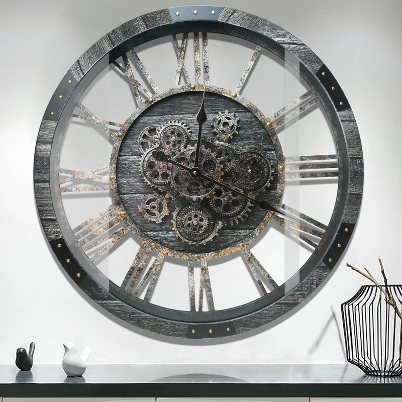 DORBOKER 36" Extra Large Wall Clock with Moving Gears, Oversized Giant Industrial Steampunk Rustic Clocks for Wall Decor Living Room Home Office, Solid Wood Retro Metal,Carbon Grey