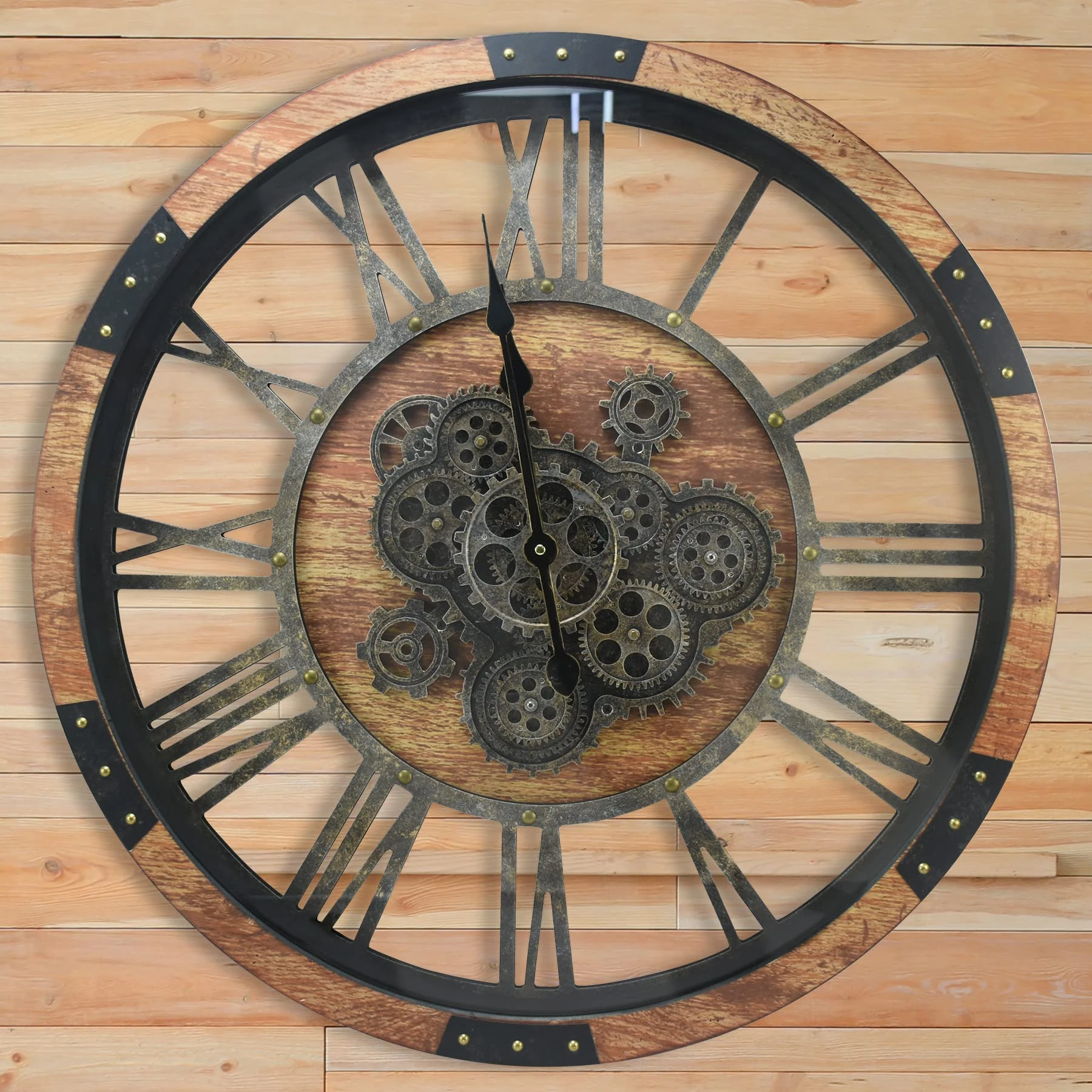 DORBOKER Real Moving Gears Wall Clock, Large Wall Clock Oversized Silent Vintage Steampunk Industrial Rustic Farmhouse Wooden Clocks for Living Room Kitchen Studio Cafe Wall Decor(60cm/24inch, Brown)