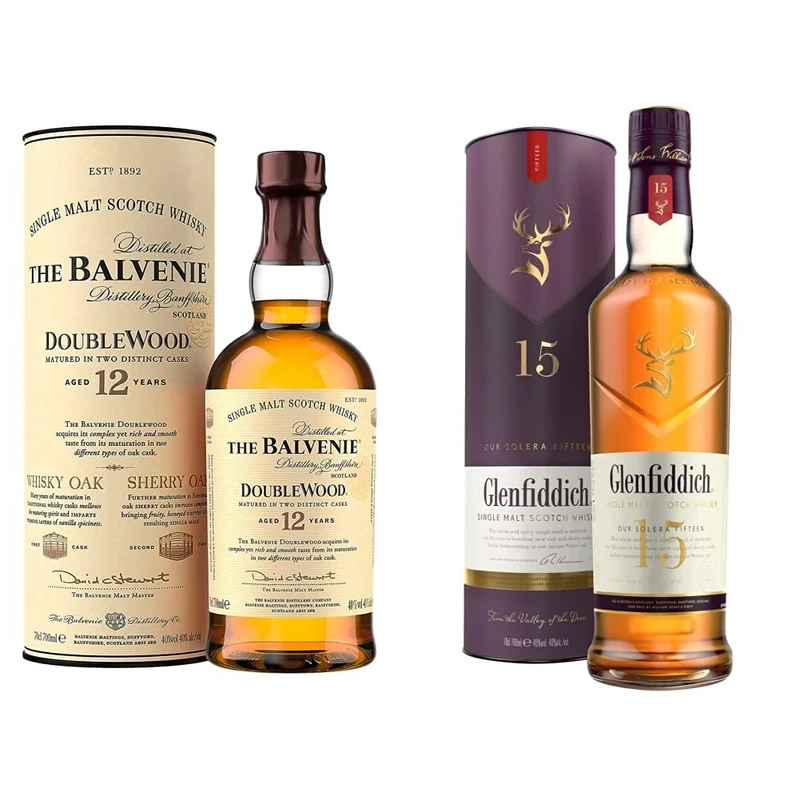 The Balvenie Double Wood 12 Year Old Single Malt Scotch Whisky 70 cl & Glenfiddich 15 Year Old Single Malt Scotch Whisky – 70cl