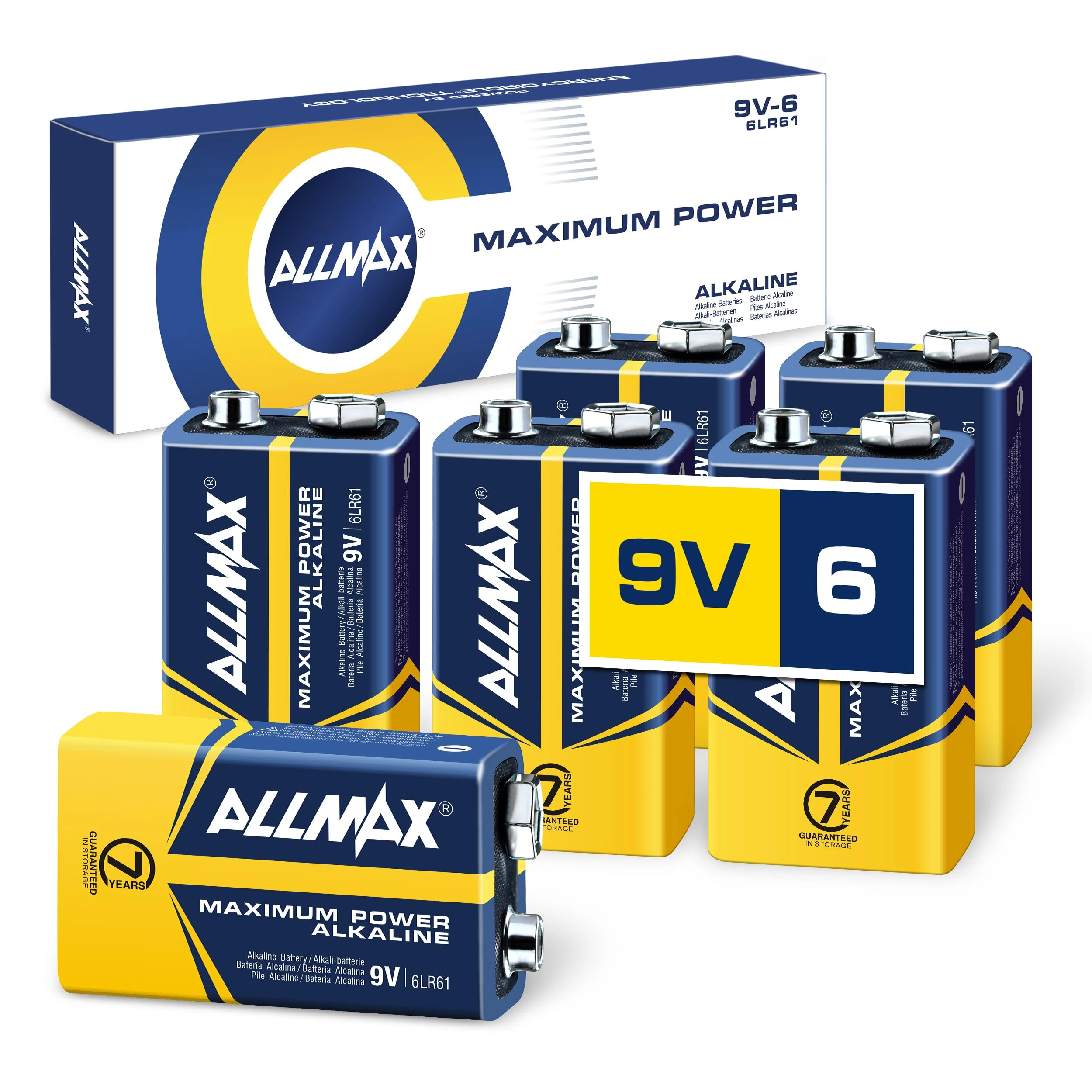 Allmax 9V (6LR61) Maximum Power Alkaline Batteries (6 Count) – Ultra Long-Lasting, 7-Year Shelf Life, Leakproof Design – Perfect for Smoke Detectors & Wireless Microphones (9 Volt)
