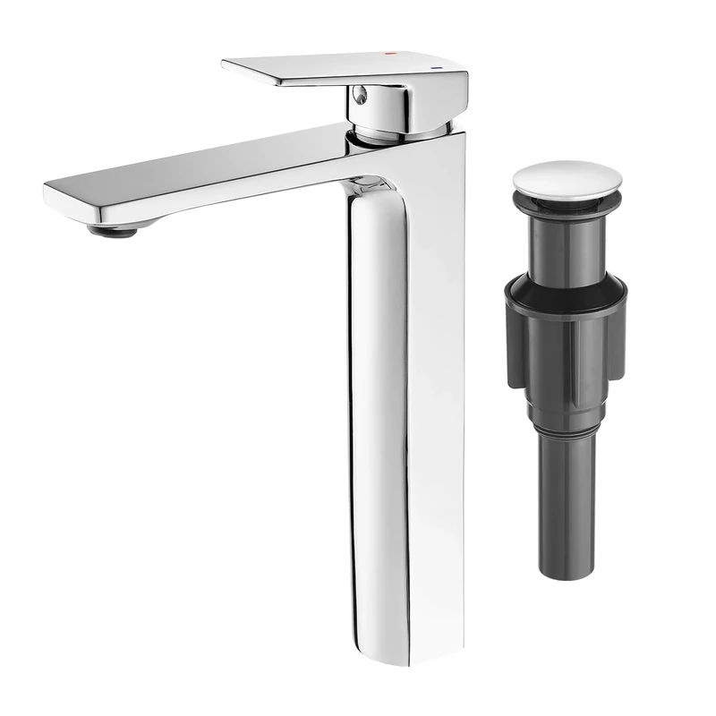 Chrome Vessel Sink Facuet Single Handle Tall Bathroom Sink Faucet Bathroom Vanity Faucet Basin Mixer Tap with Water Supply Lines and Pop Up Sink Drain