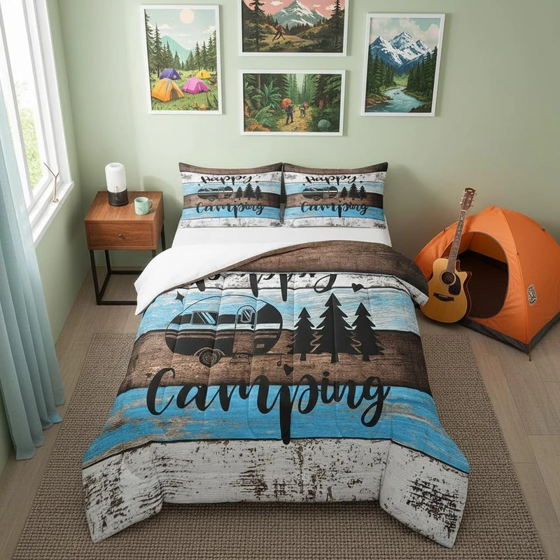 Castle Fairy RV Camper Bed Comforters Set King Size,Happy Camping Wild Adventure Super Soft Microfiber Bedding Set for Girls/Boys,Farmhouse Style Wood Barn Decorative Comforter Set,2 Pillowcase