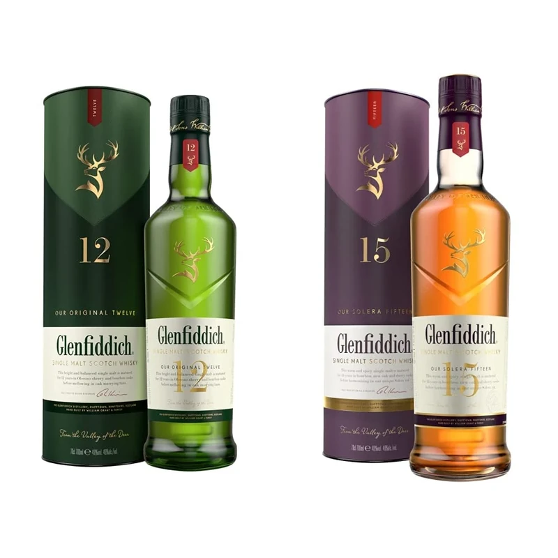Glenfiddich Single Malt Scotch Whisky, 700ml & 15 Year Old Single Malt Scotch Whisky – 70cl