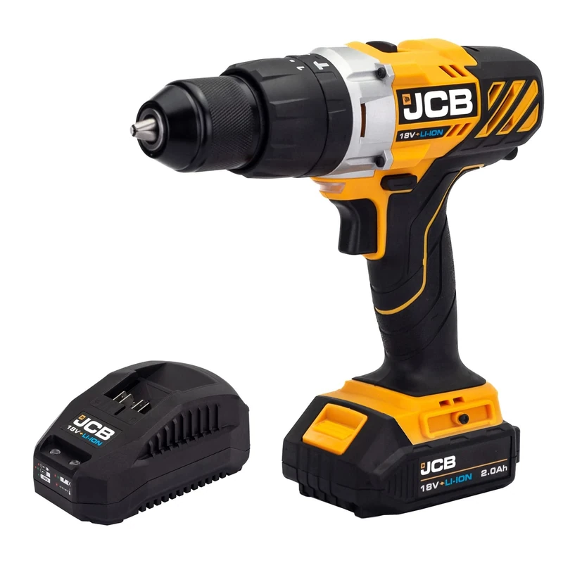 JCB 18V Cordless Combi Drill, 2.0ah Battery & Fast Charger, Variable Speed & Integrated LED Work Light, 16+3 Position Adjustable Torque, 3 Year Warranty