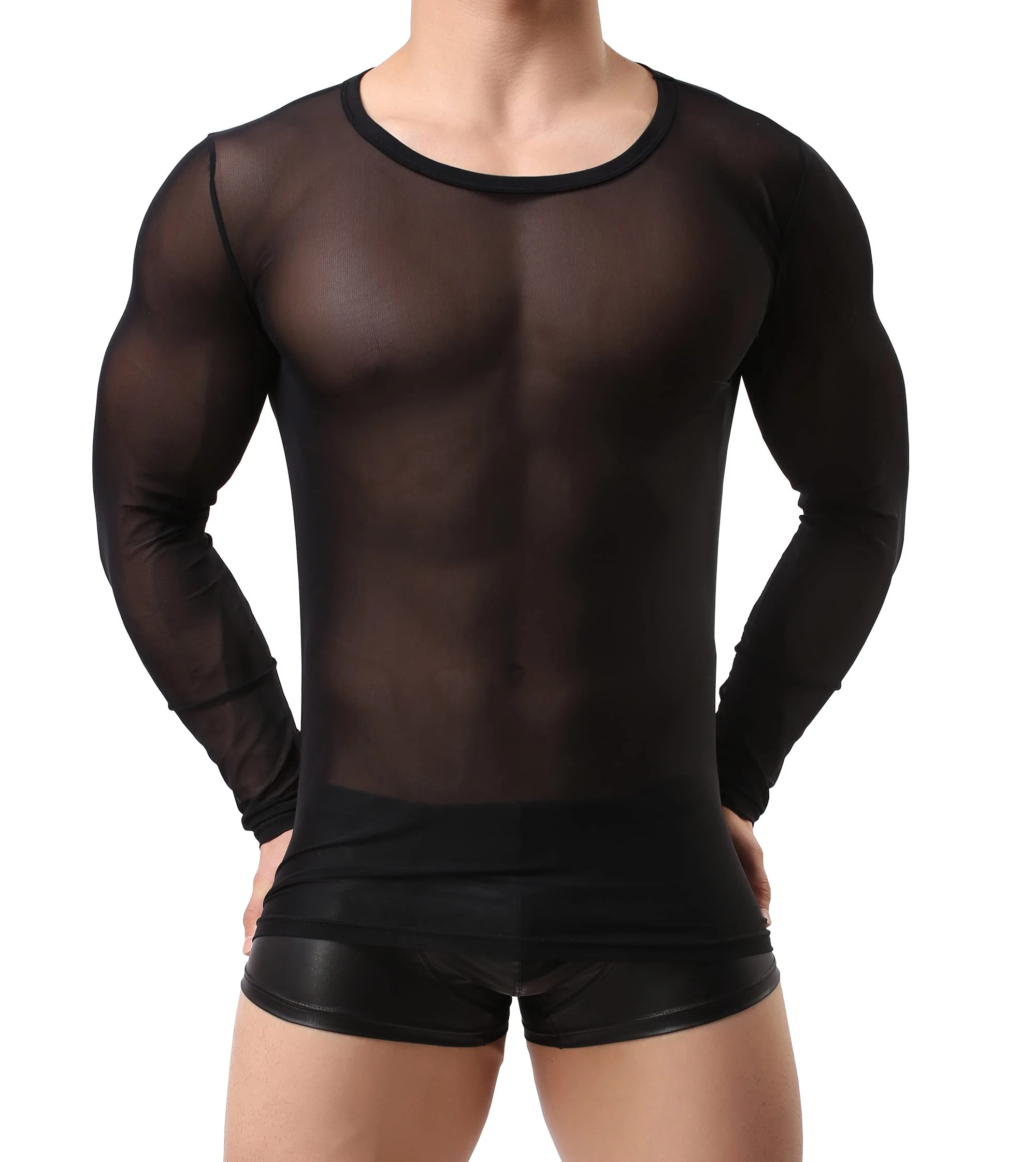 Drelaar Men's Round Neck Long Sleeve T-Shirt Sexy Mesh See Through Undershirt Large Black
