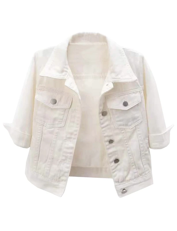 Locachy Womens 3/4 Sleeve Short Denim Jacket Lapel Button Down Cropped Trucker Jean Jackets Coats, White, Large