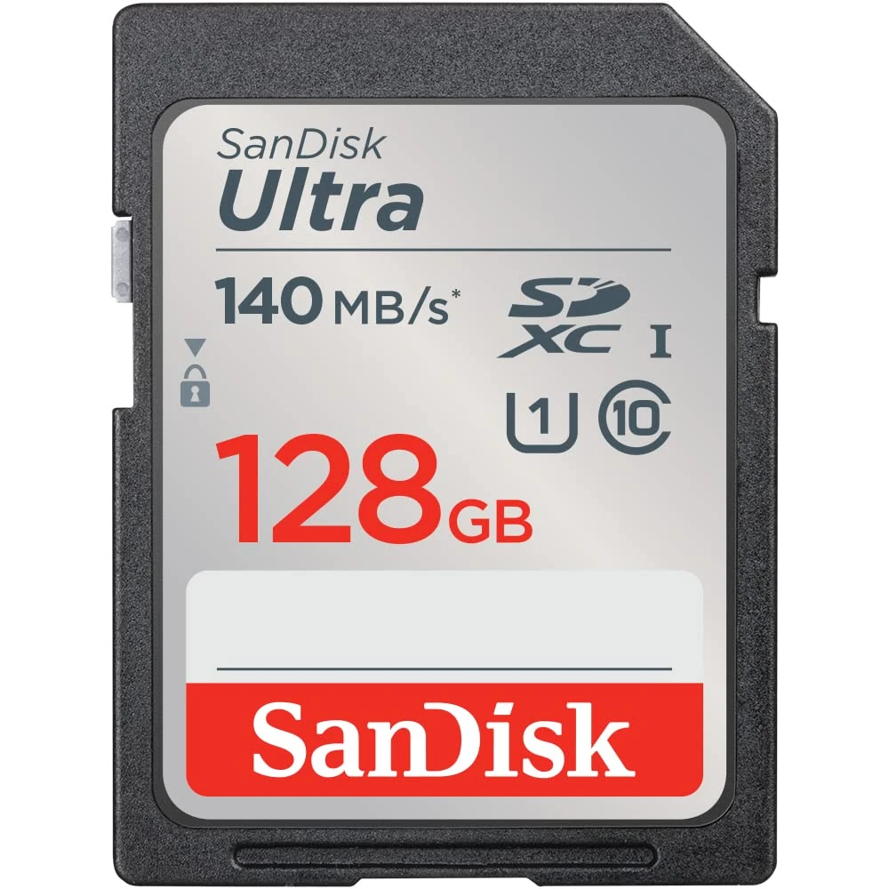 SanDisk Ultra SDXC card, 128GB SD Card (Memory card up to 140 MB/s read speeds, For entry level and mid-range compact camera's, Full HD Video, UHS-I, Class 10, U1)