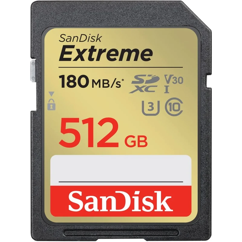 SanDisk 512GB Extreme SDXC card, SD card up to 180MB/s, V30 Memory card, UHS-I, Class, 10, U3, V30, RescuePro Deluxe data recovery software.