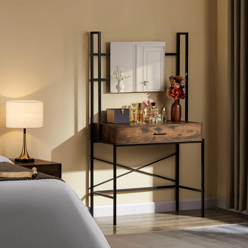 Vida Designs Brooklyn 1 Drawer Dressing Table Make Up Desk Vanity Set Industrial Bedroom Furniture, Dark Wood