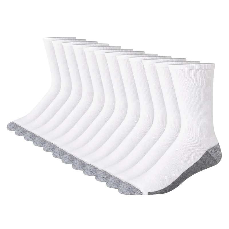 Hanes Mens Comfortblend Max Cushion Crew Socks, 12-pack, White/Grey Foot Bottom, 6-12