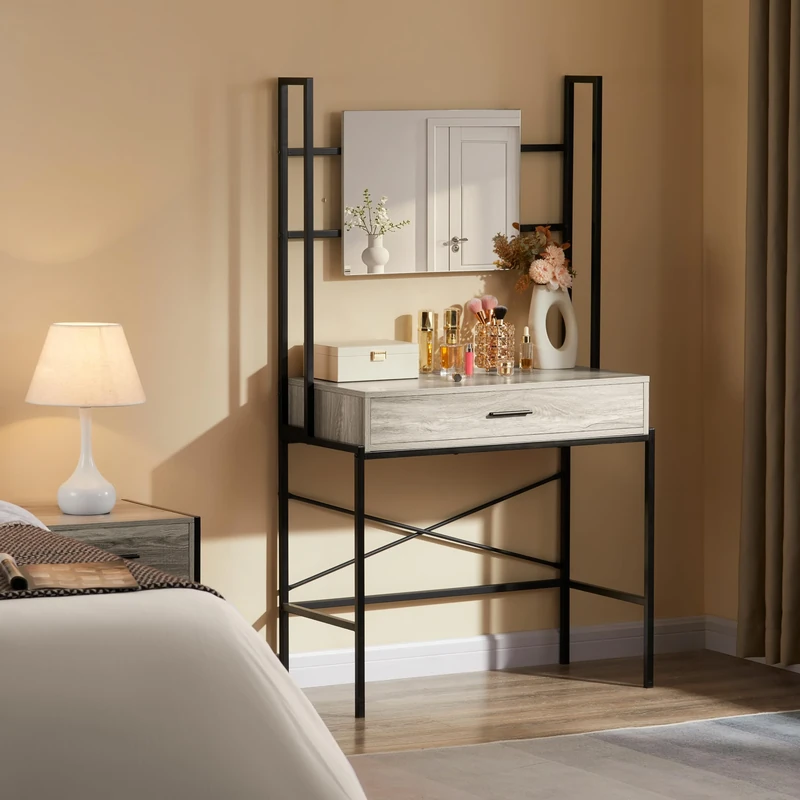 Vida Designs Brooklyn 1 Drawer Dressing Table Make Up Desk Vanity Set Industrial Bedroom Furniture, Grey