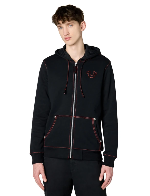 True Religion Men's Big T Zip Up Hoodie, Jet Black/Fiery Red, M