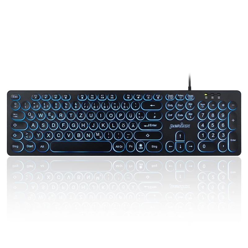 Perixx PERIBOARD-317R USB Backlit Wired Keyboard - Capital Letters - Bright Tri-Colour LED - Elegant Round Keys - German QWERTZ Layout