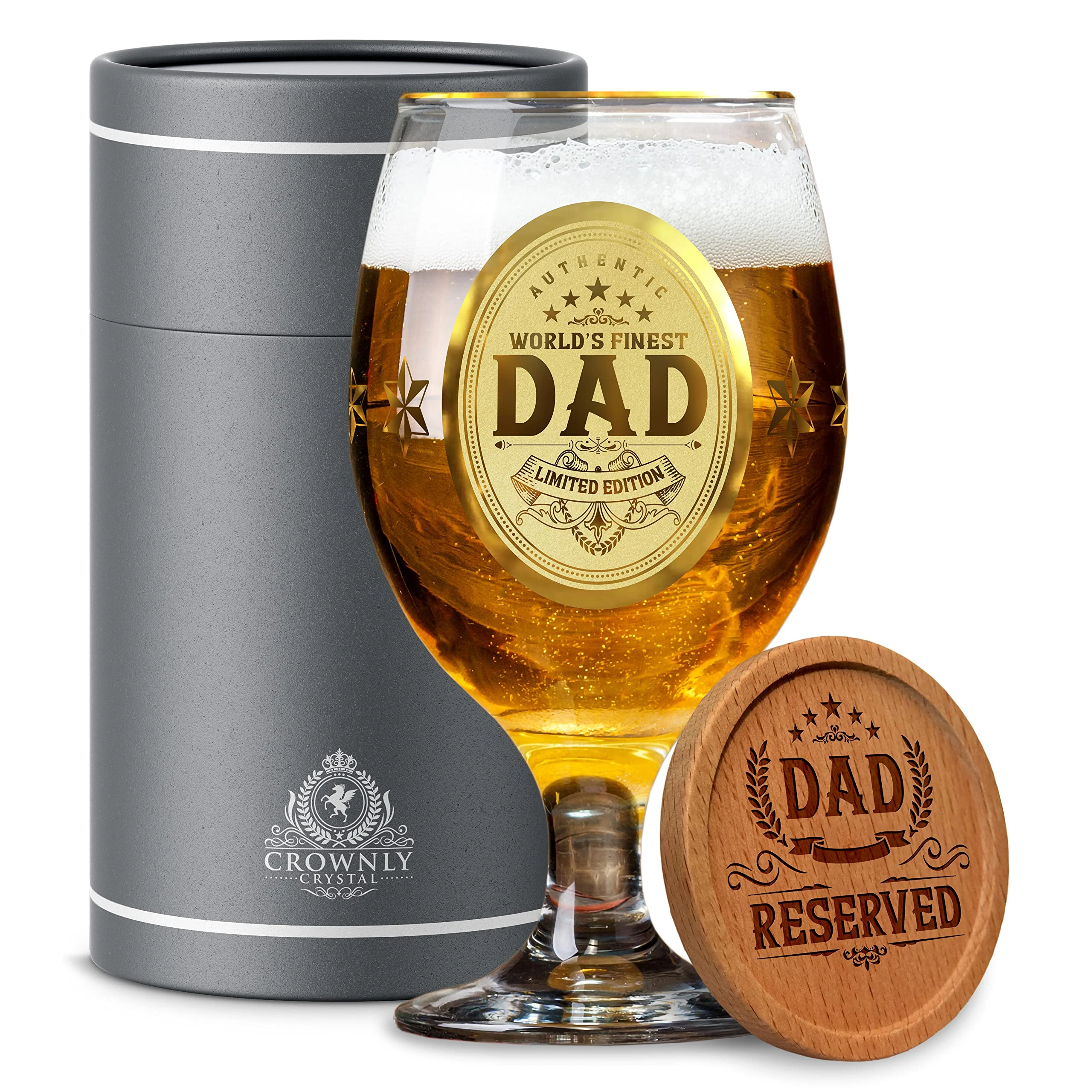 CROWNLY CRYSTAL® Personalized Beer Glass Birthday Gifts for Dad from Daughter or Son Daddy Gift Ideas for Men